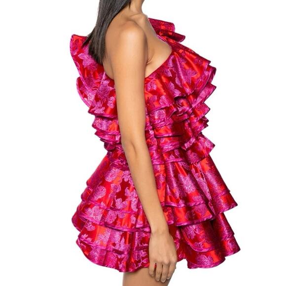 SHE IS BEAUTY BROCADE RUFFLE MINI DRESS out of stock item cocktail SzS NWT - Picture 3 of 12